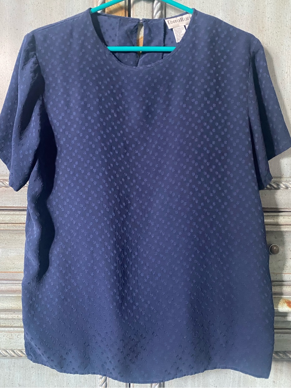 100% Silk Navy Textured Short-Sleeve Blouse